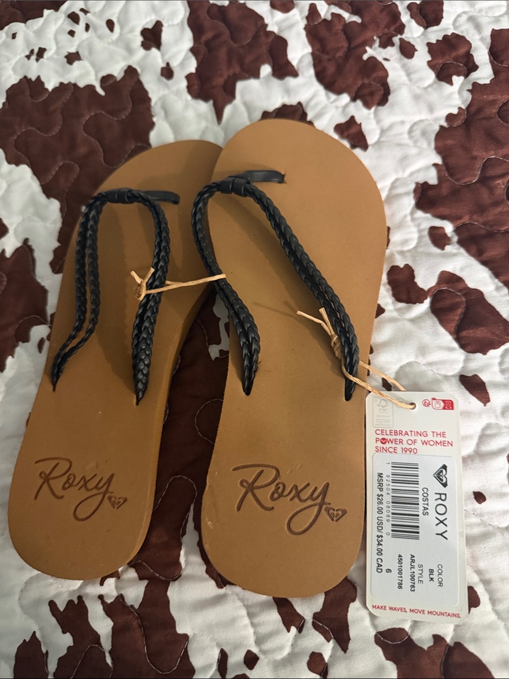 Roxy Women's Black Braided Strap Sandals with Tan Footbed